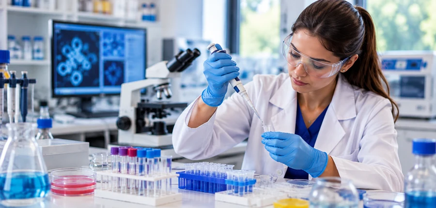 Estudante de Biomedicina utilizando micropipeta em laboratório de formação prática