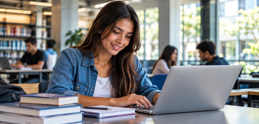 Estudante universitária utilizando notebook durante formação superior de tecnologia