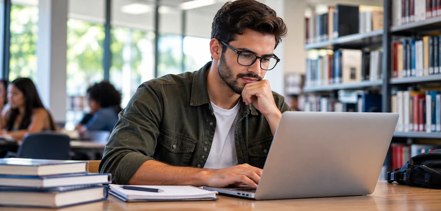Pessoa consultando informações acadêmicas em notebook para verificar curso e instituição