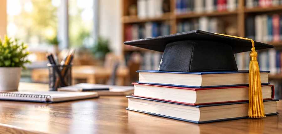 Capelo de formatura sobre livros em ambiente de estudos