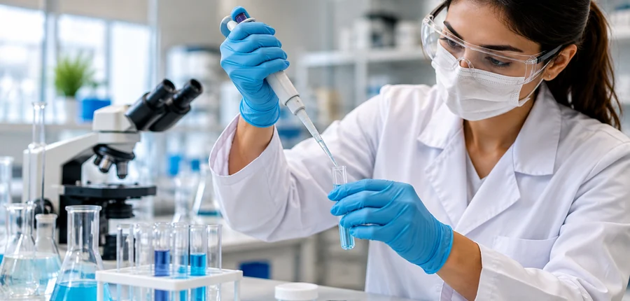 Atividade prática em laboratório de Farmácia com pipeta e materiais científicos