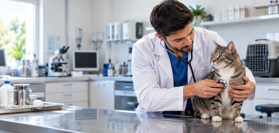 Médico-veterinário examinando um gato em ambiente de formação prática