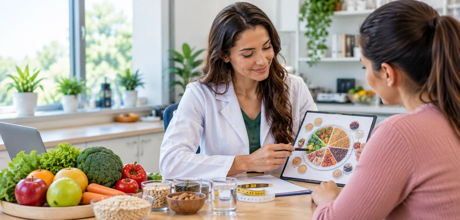 Nutricionista orientando uma mulher sobre grupos de alimentos em atividade de formação prática